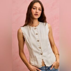 SO ME Scalloped Edge Cotton Twill Washed Vest Top